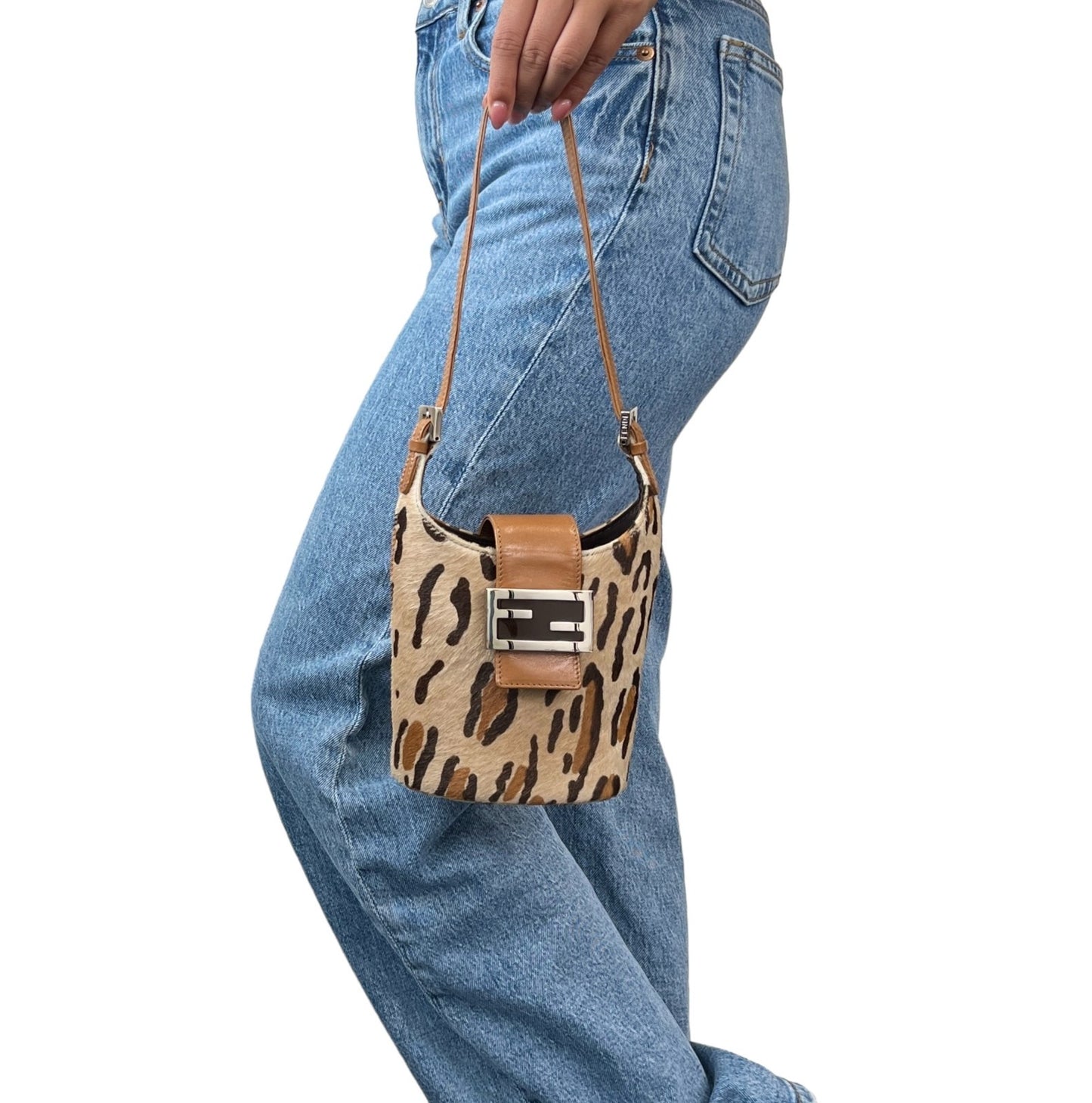 FENDI Vintage FF Logo Leopard Pony Calf Hair Mini Hobo Bag Beige Brown 901984