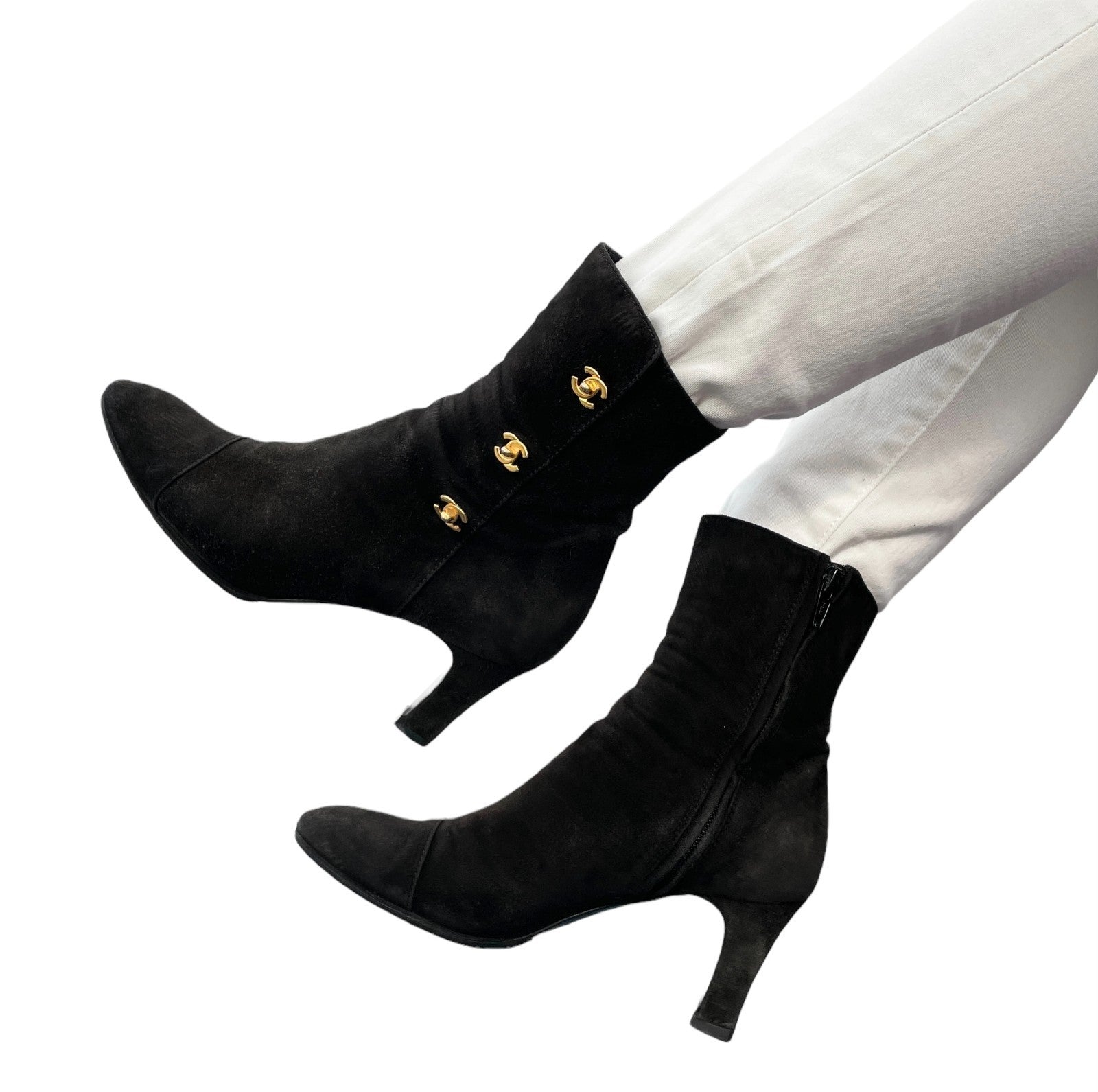 CHANEL Vintage CC Logo Turnlock Ankle Boots Heels #36.5 Black Suede Leather