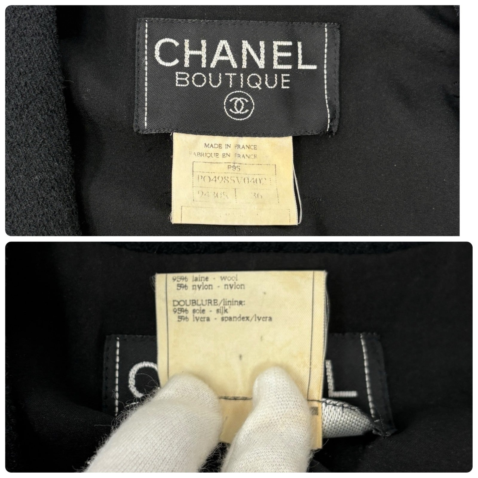 CHANEL Vintage 95P CC Mark Logo Cropped Jacket #36 Button Black Gold Wool