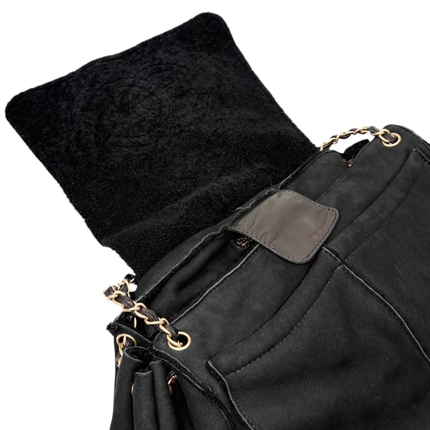 CHANEL Vintage CC Big Logo Shearling Chain Shoulder Bag Black Gold Suede Mouton