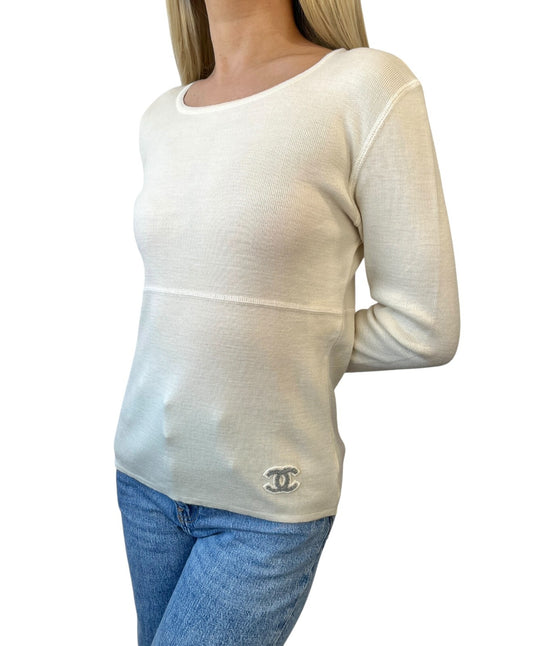 CHANEL Vintage 01A CC Mark Logo Knit Sweater #42 Long Sleeve Top Cream Wool