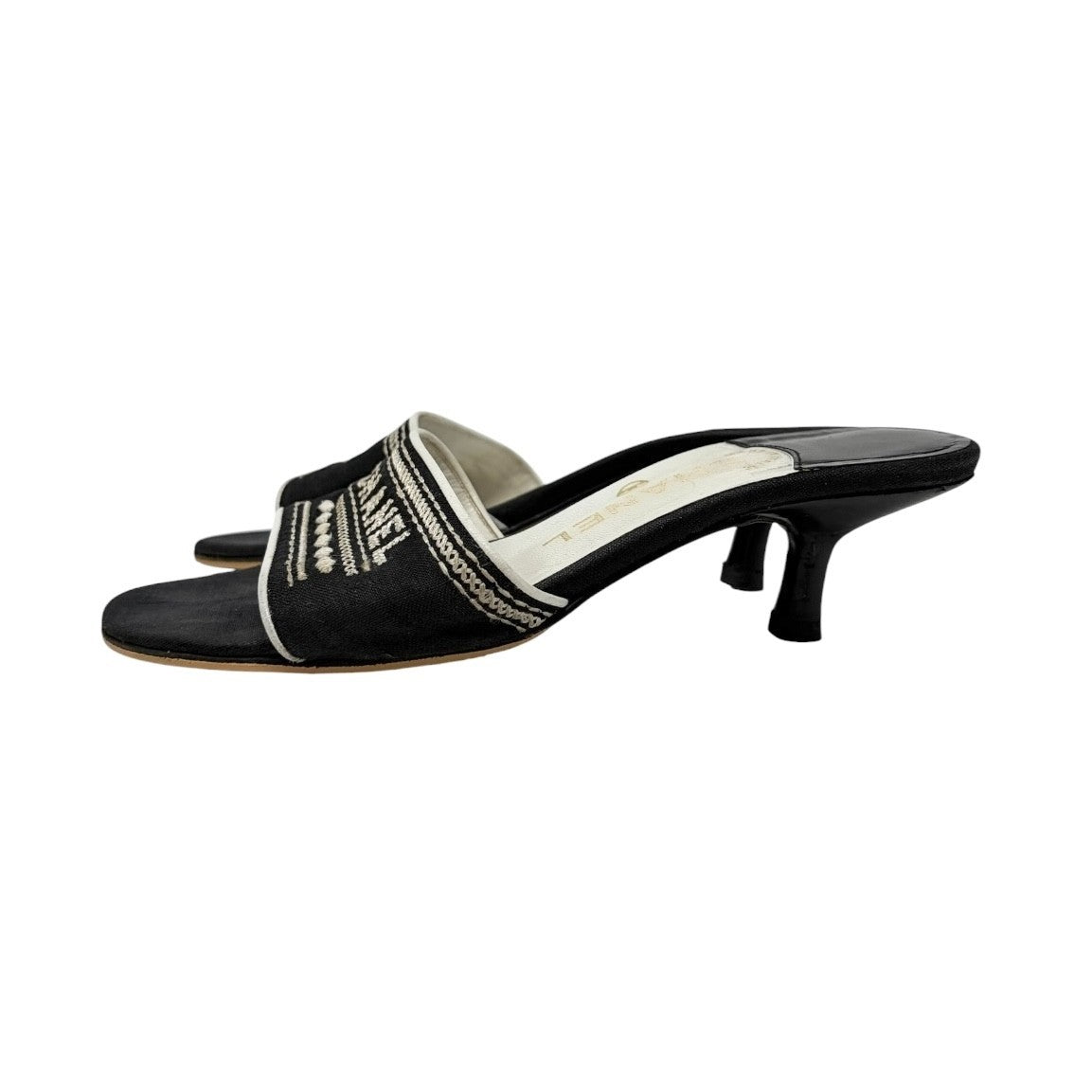 CHANEL Vintage CC Embroidery Logo Sandals Heels #36.5 Black White Canvas 902255