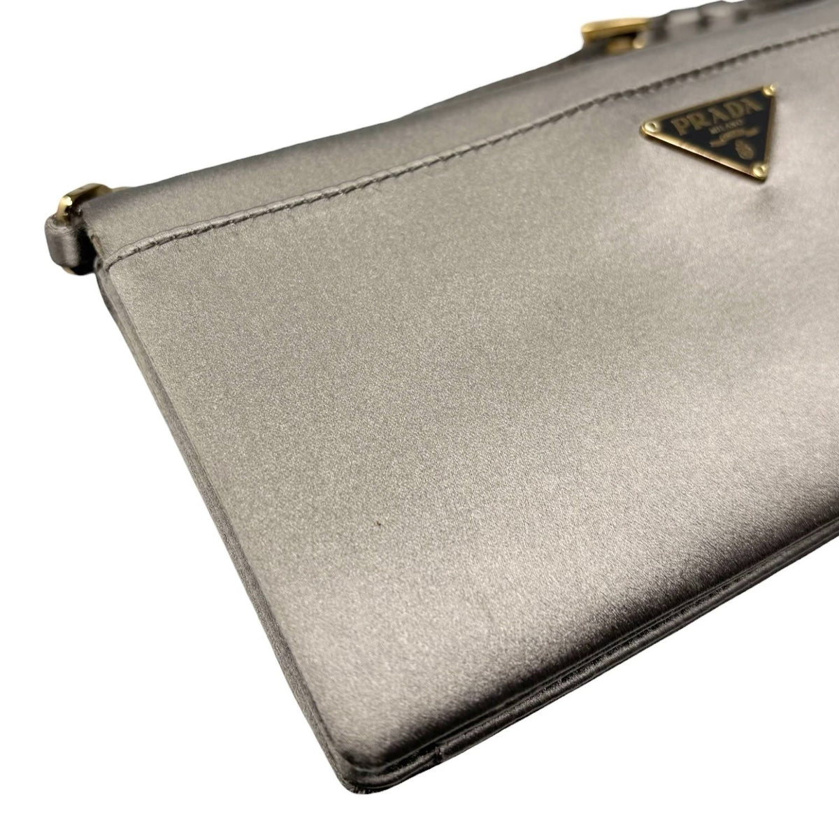 PRADA Vintage Logo Pochette Mini Hand Clutch Bag Satin Silver Gold 902499
