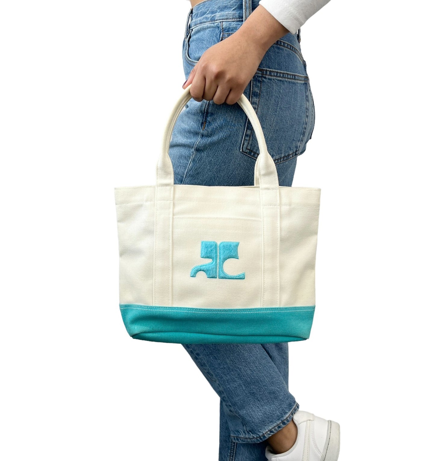 Courreges Vintage Logo Tote Bag Pocket Zip White Light Blue Cotton Rank AB