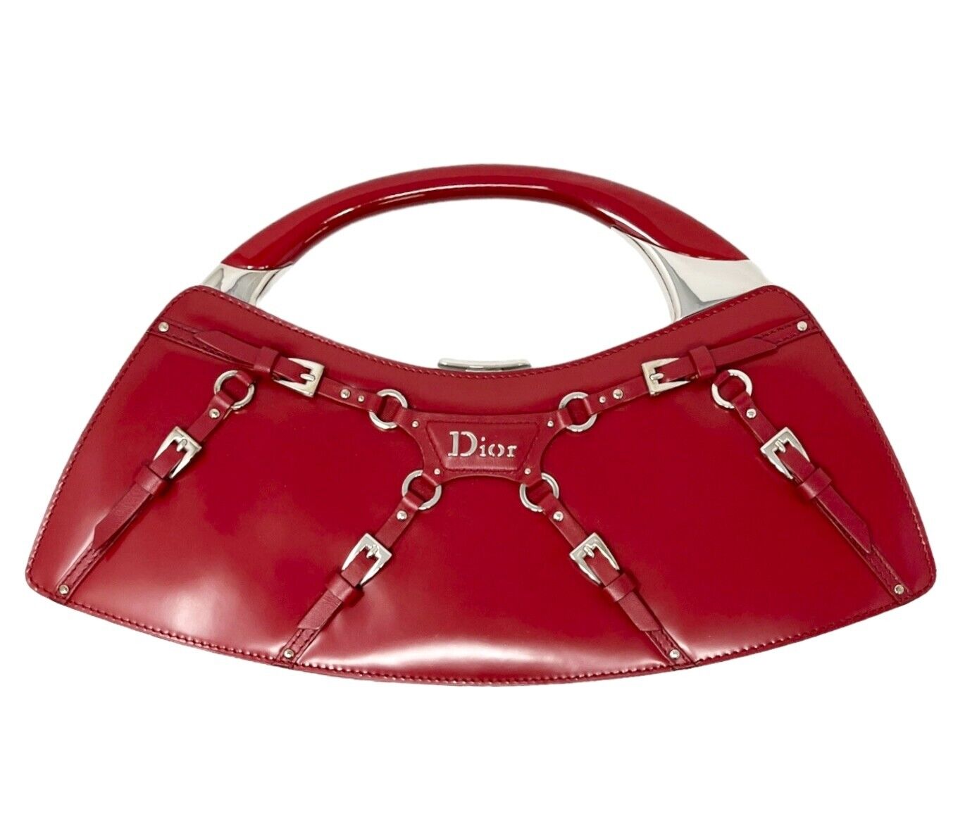 Christian Dior Vintage Logo Bondage Top Handle Bag Red Silver Leather Rank AB