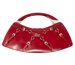 Christian Dior Vintage Logo Bondage Top Handle Bag Red Silver Leather Rank AB