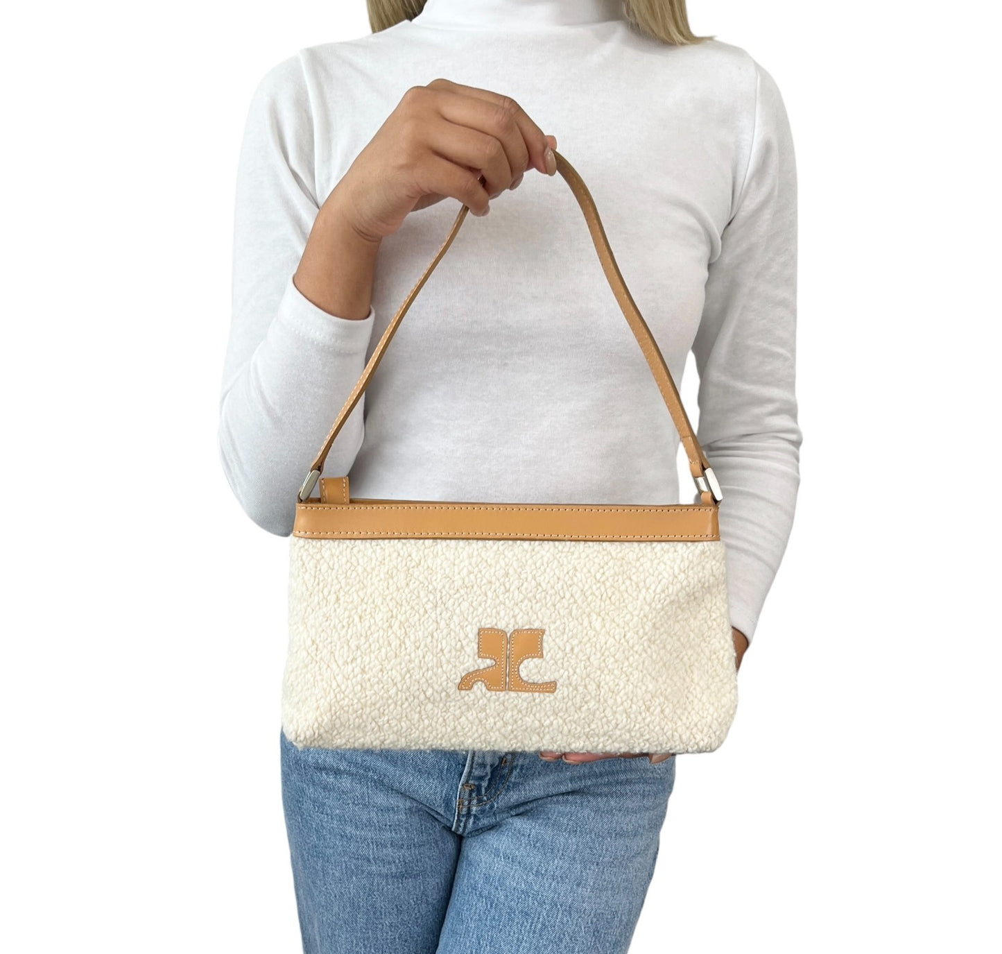 Courreges Vintage Logo Stitch Shoulder Bag Cream Brown Acrylic Leather Rank AB