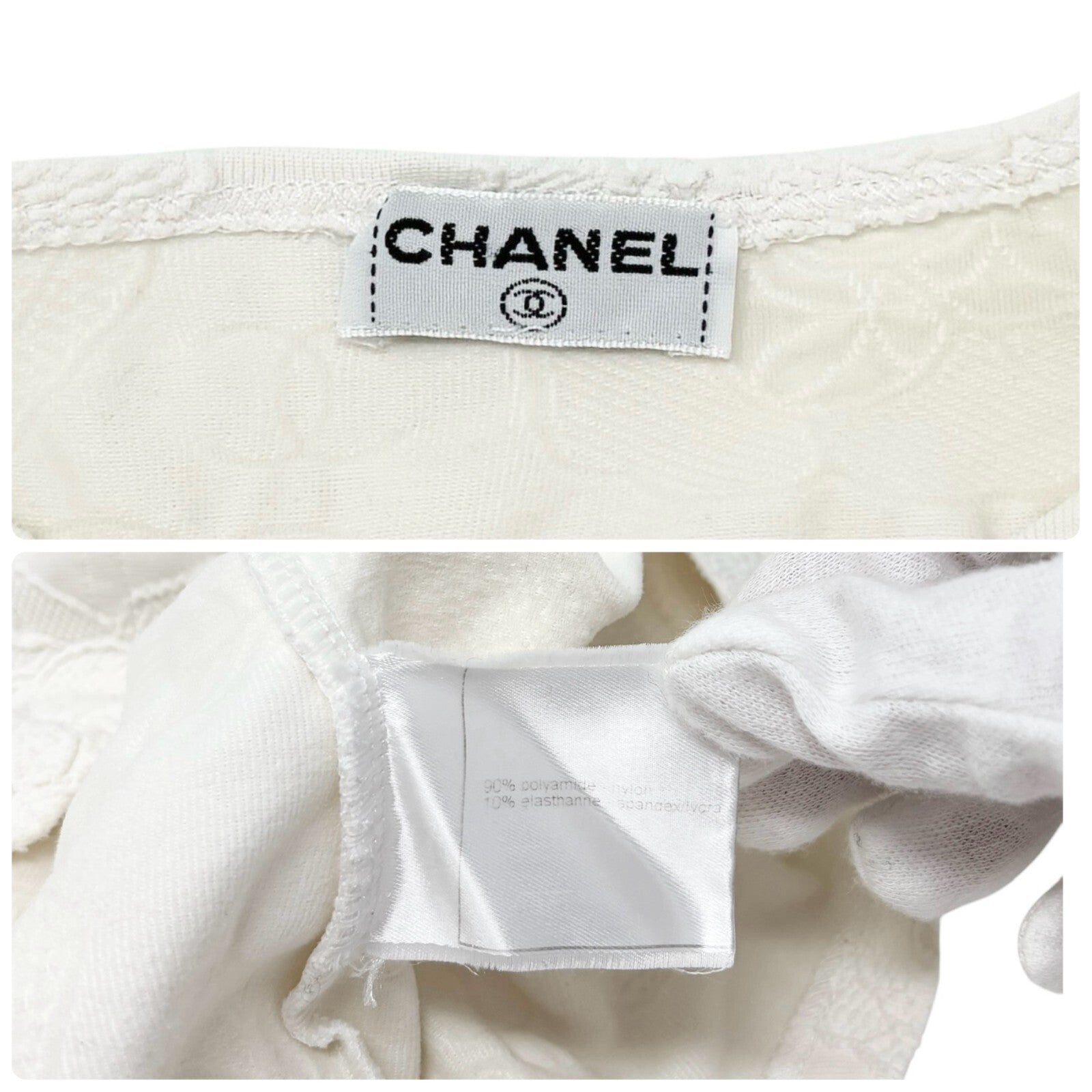 CHANEL Vintage CC Mark Logo Camellia Print T-shirt Short Sleeve Top White Nylon