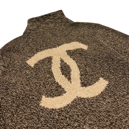 CHANEL Vintage CC Logo Cashmere Knit Zip Sweater Top Brown Beige 902479