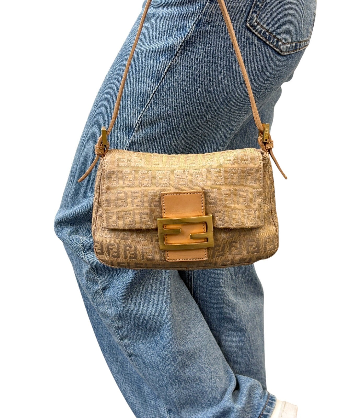 FENDI Vintage FF Logo Zucchino Mamma Baguette Shoulder Bag Beige Gold