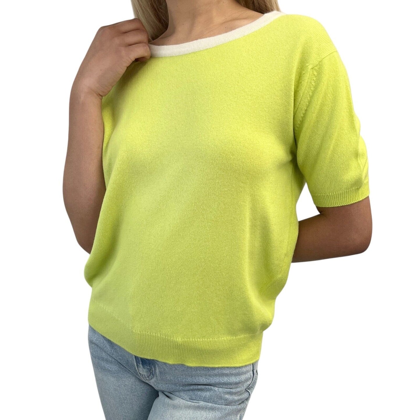 CHANEL Vintage 96C Coco Mark Logo Knit Top #44 Green Gold Cashmere Button