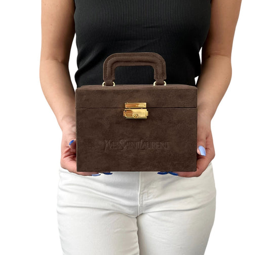 Yves Saint Laurent Vintage YSL Logo Suede Vanity Cosmetic Box Bag Brown Gold