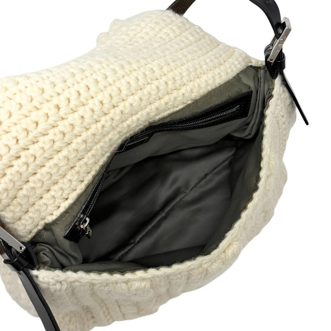 FENDI Vintage FF Logo Knit Mamma Baguette Shoulder Bag Wool Cream 902239