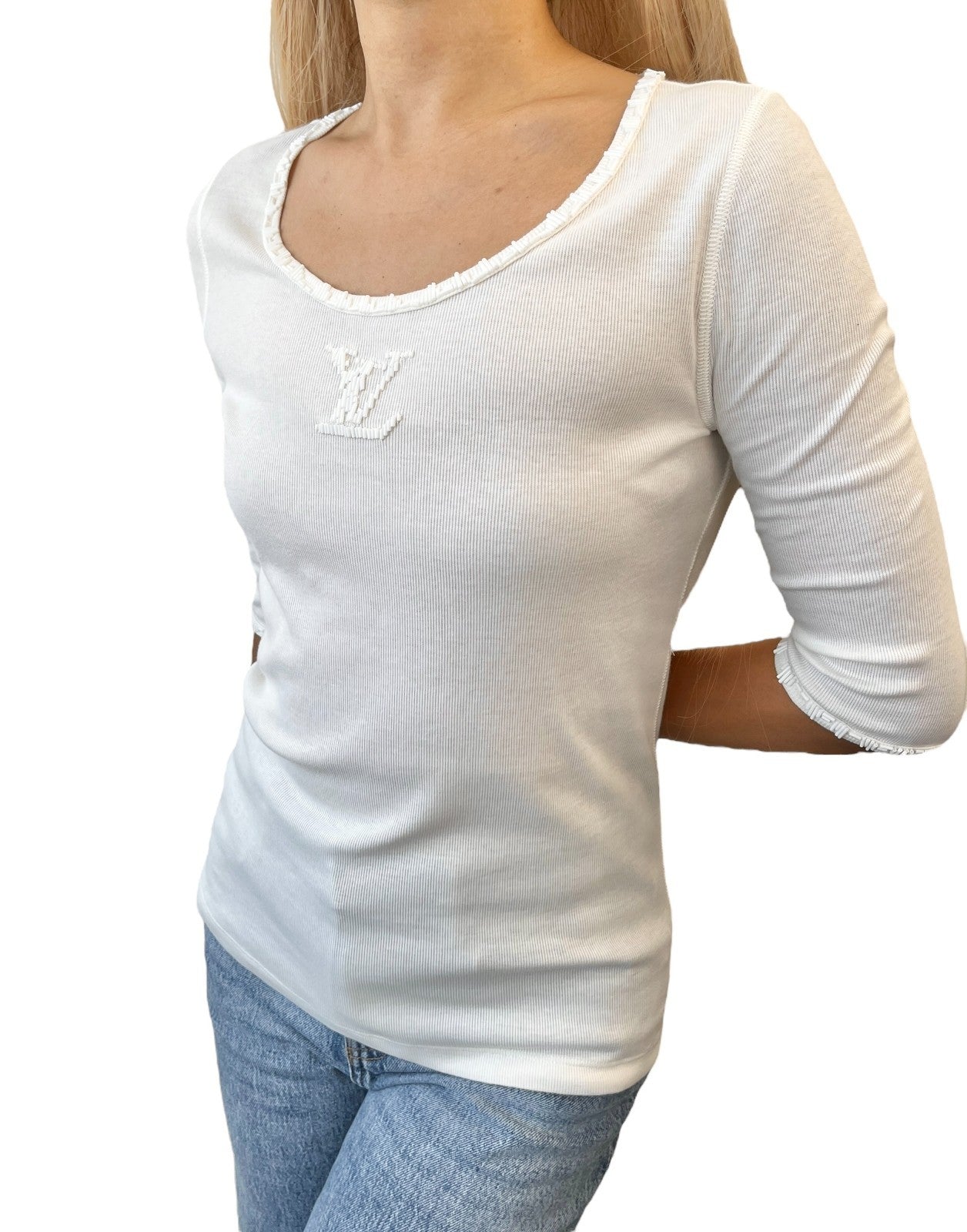 LOUIS VUITTON Vintage LV Logo Beads Knit T-shirt Top #L Cream White Cotton