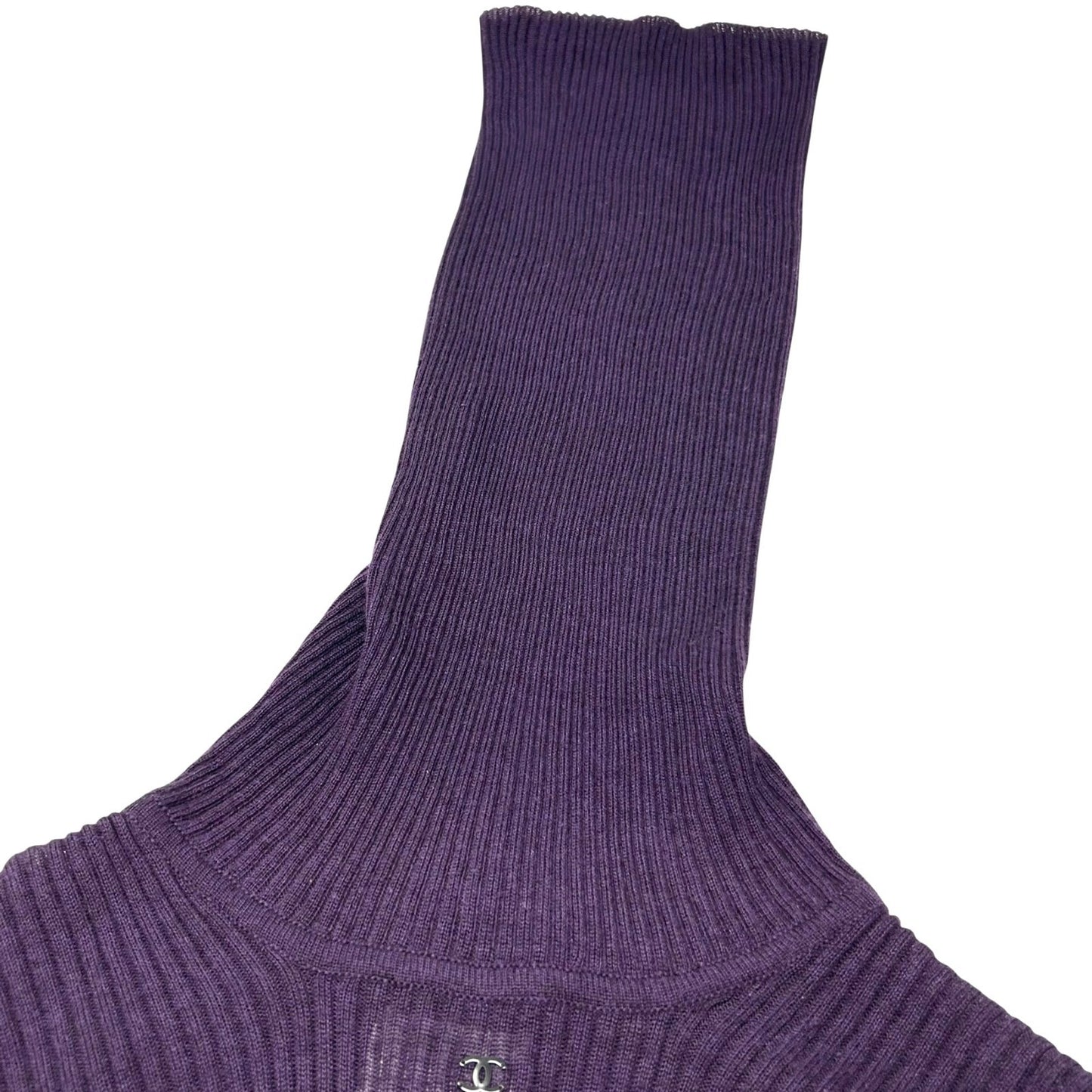 CHANEL Vintage 98A CC Logo Rib Knit Sweater Top #40 Turtleneck Purple Cashmere