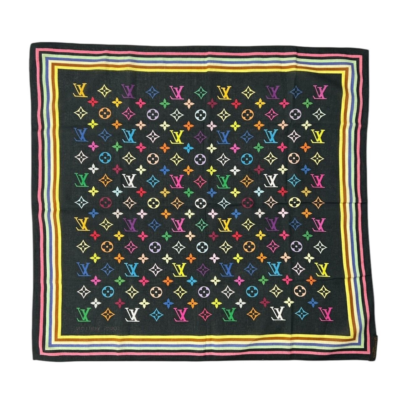 LOUIS VUITTON Vintage LV Logo Monogram Multicolor Scarf Wrap Shawl Black