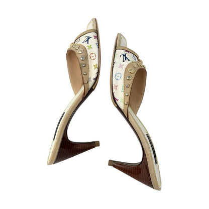 LOUIS VUITTON Vintage Monogram Multicolor Studs Sandals #38 White Gold 902551