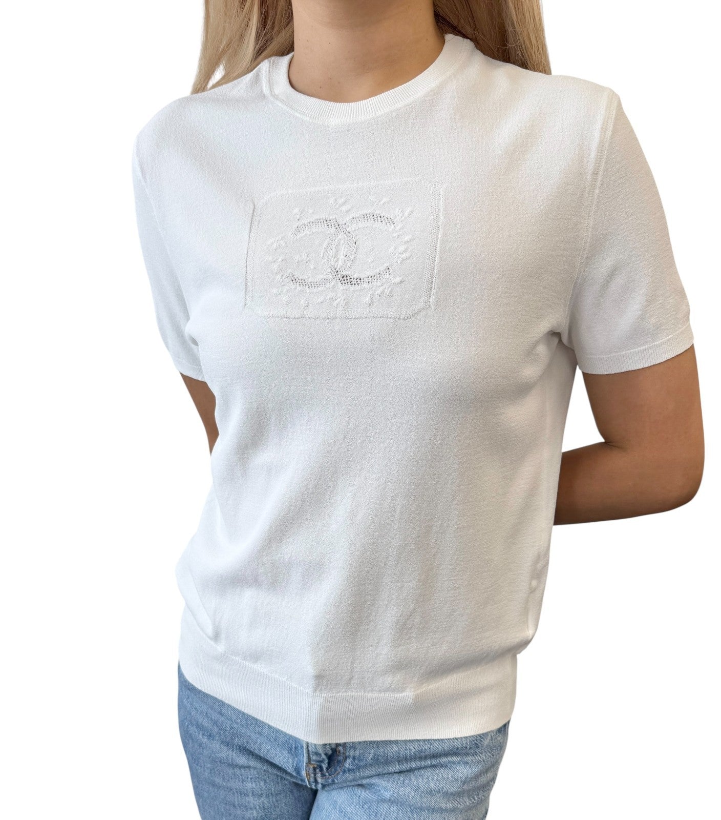 CHANEL Vintage 04C CC Logo Knit T-shirt Top #46 White Cotton See-through Mesh