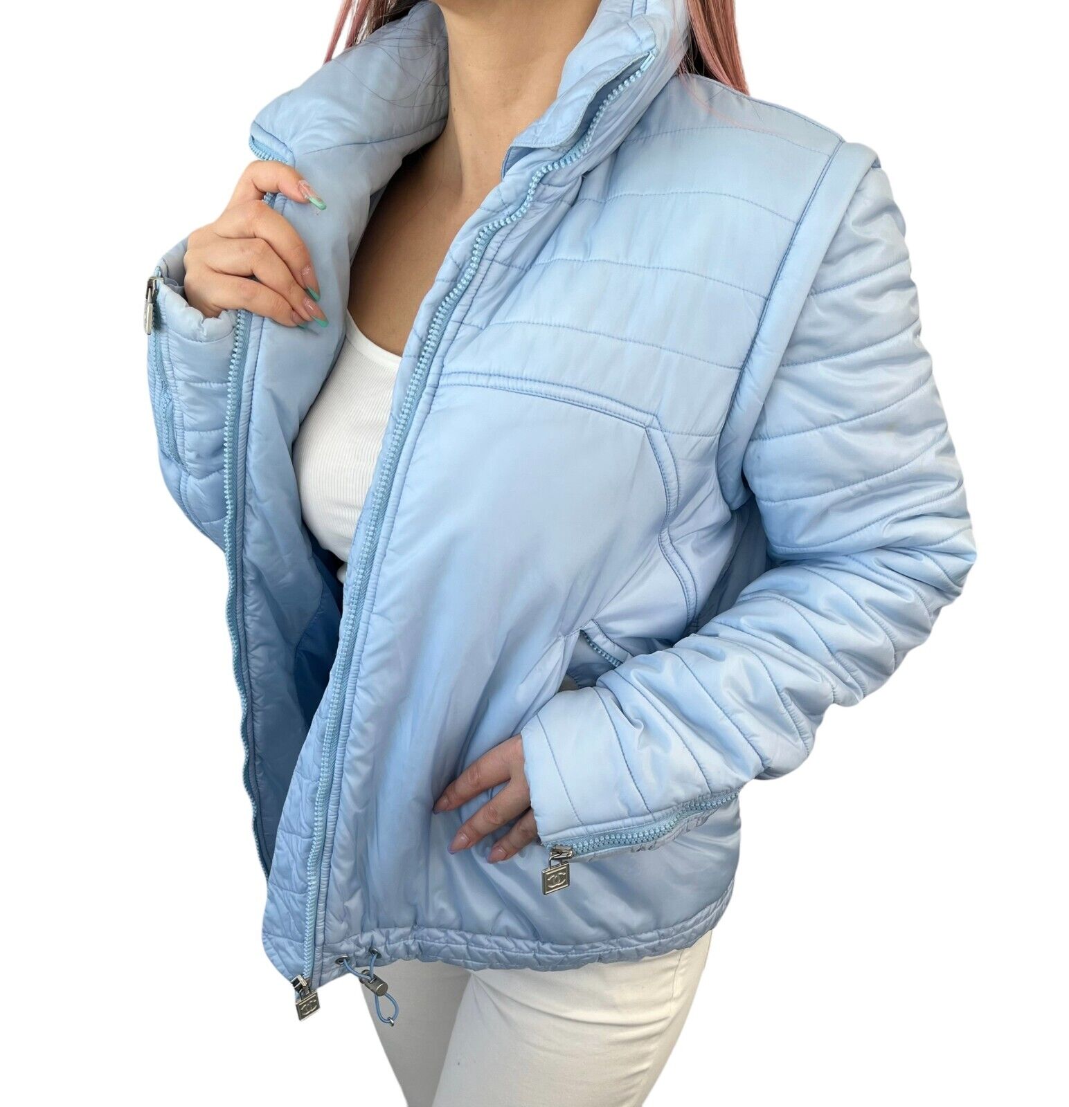 CHANEL Sport Vintage 05A Coco Mark Logo Puffer Jacket #40 Light Blue RankAB