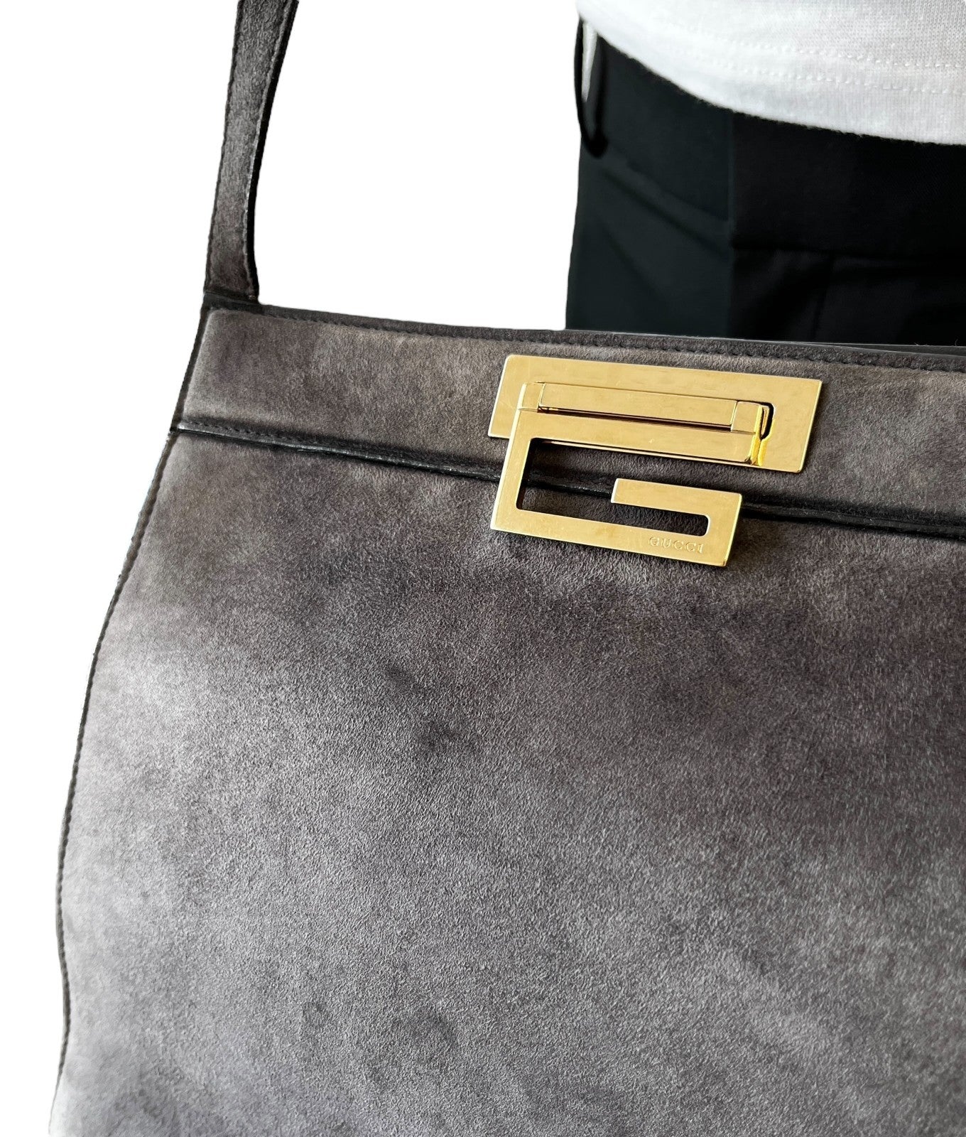 GUCCI Vintage G Square Logo Shoulder Bag Gray Gold Suede Leather