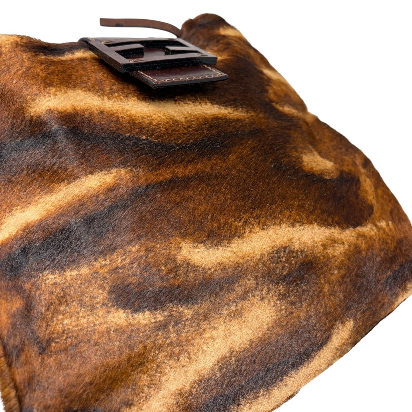 FENDI Vintage FF Pony Calf Hair Shoulder Bag Brown Beige Silver Leather 902217