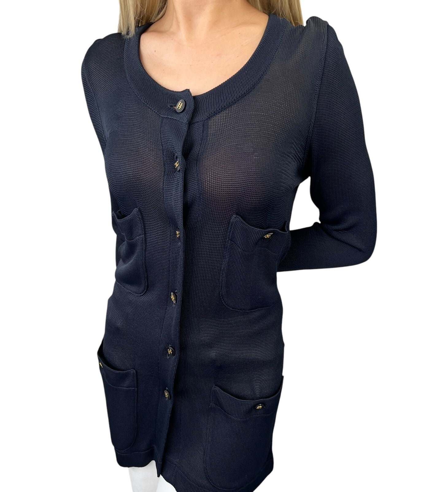 CHANEL Vintage CC Logo Knit Cardigan Long Sleeve Dark Blue Pocket Button