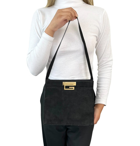 GUCCI Vintage G Square Logo Shoulder Bag Handbag Black Gold Suede Leather