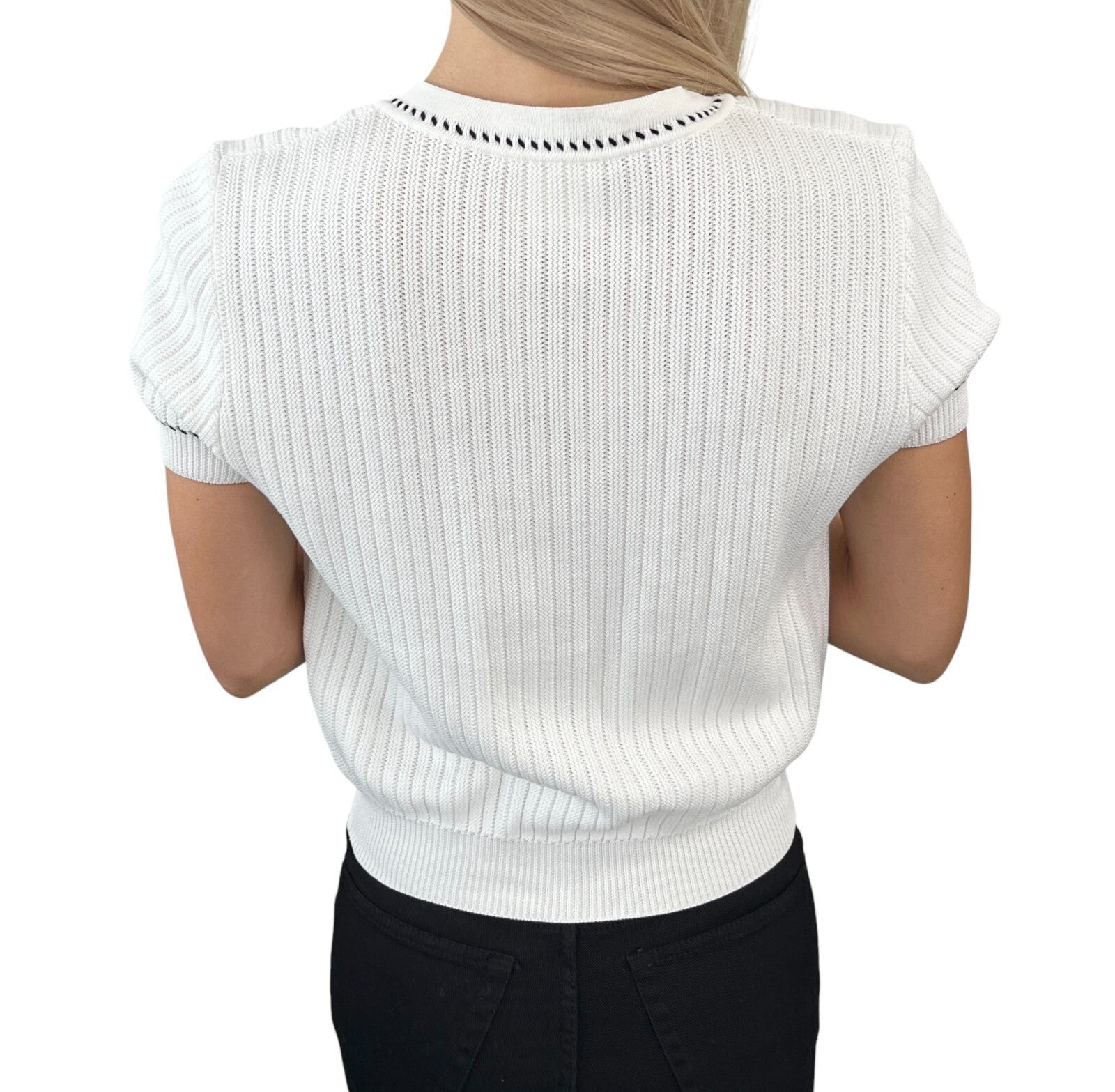 CHANEL Vintage 96P CC Logo Rib Knit Cardigan Top #40 Short Sleeve White Cotton