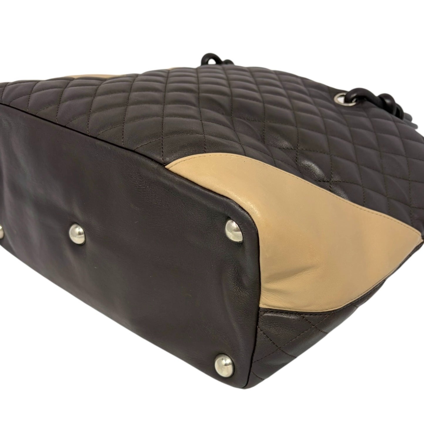 CHANEL Vintage Cambon Line CC Logo Quilted Tote Bag Brown Beige Leather