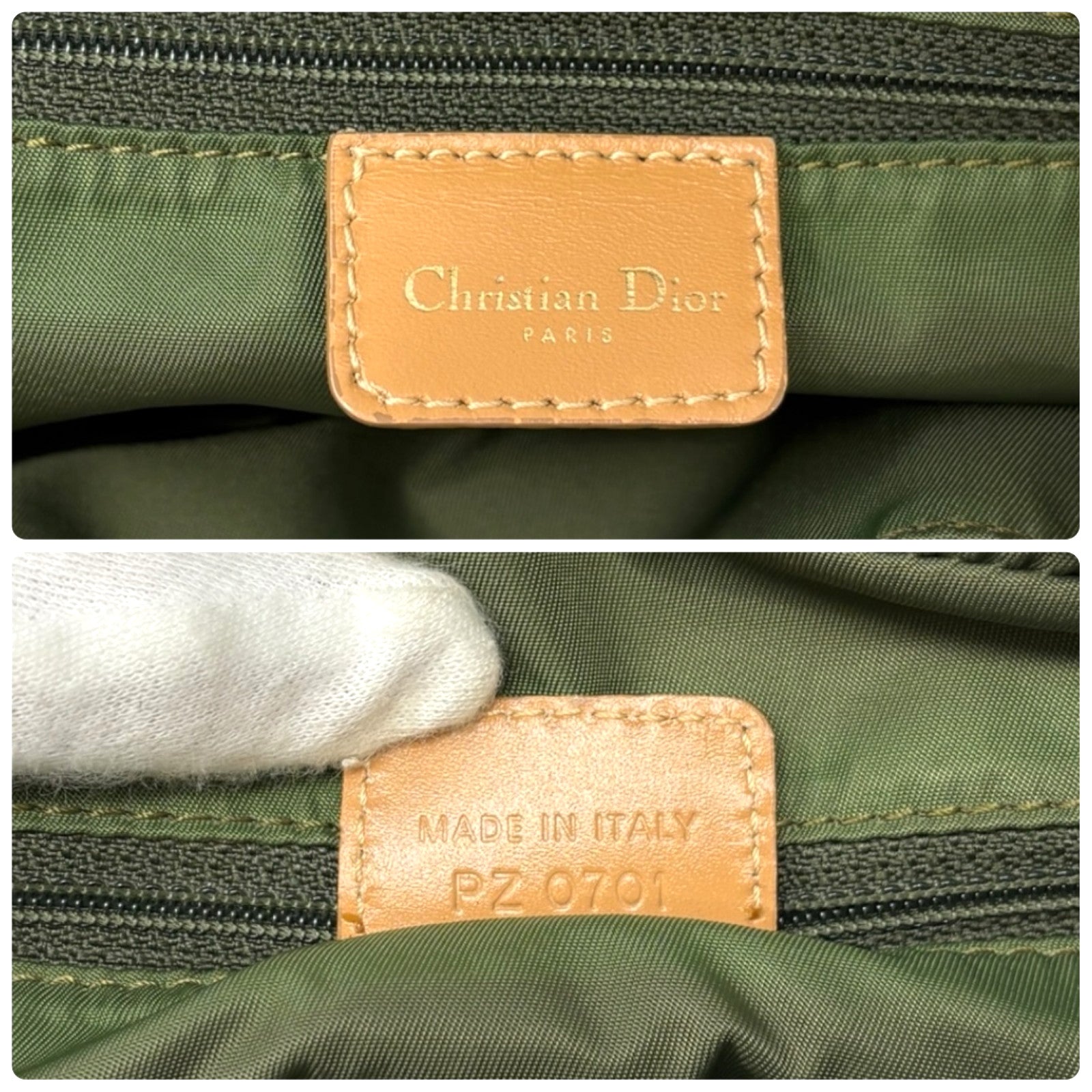 Christian Dior Vintage 2001 Logo Trotter Double Saddle Bag Green Beige Cotton