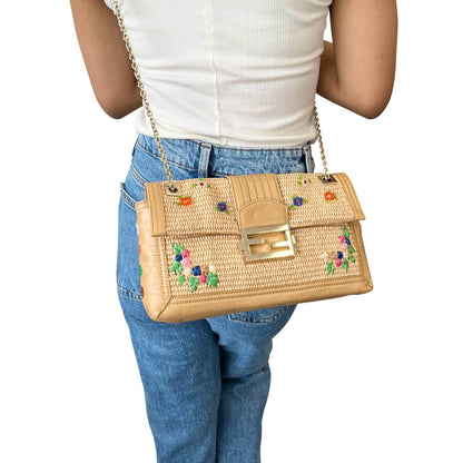 FENDI Vintage FF Logo Beads Mamma Baguette Raffia Shoulder Bag Beige 902273