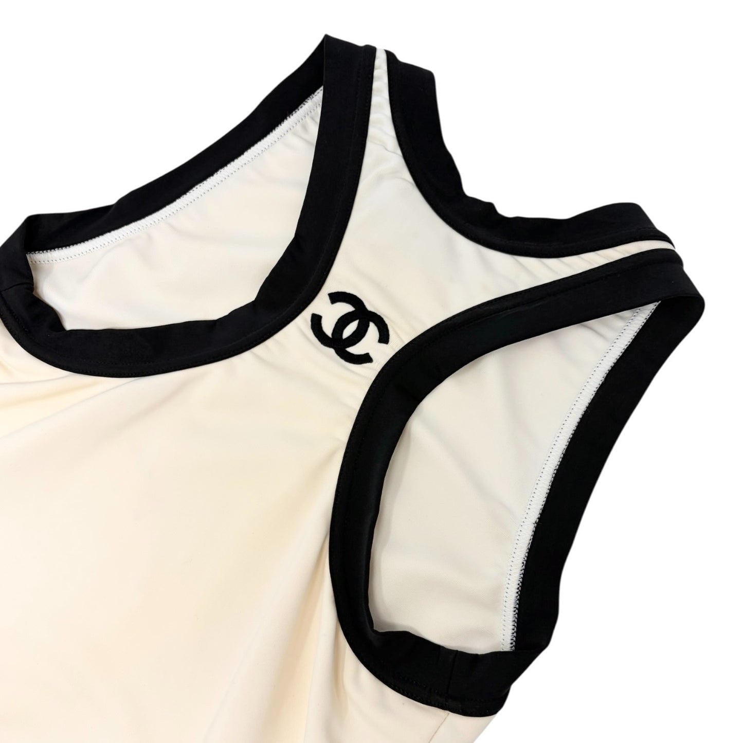 CHANEL Vintage CC Logo Spandex Cropped Tank Top #38 Cream Black Nylon