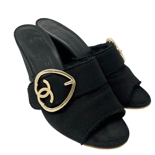 CHANEL Vintage CC Mark Logo Sandals Heart Buckle #36.5-37 Black Gold Cotton