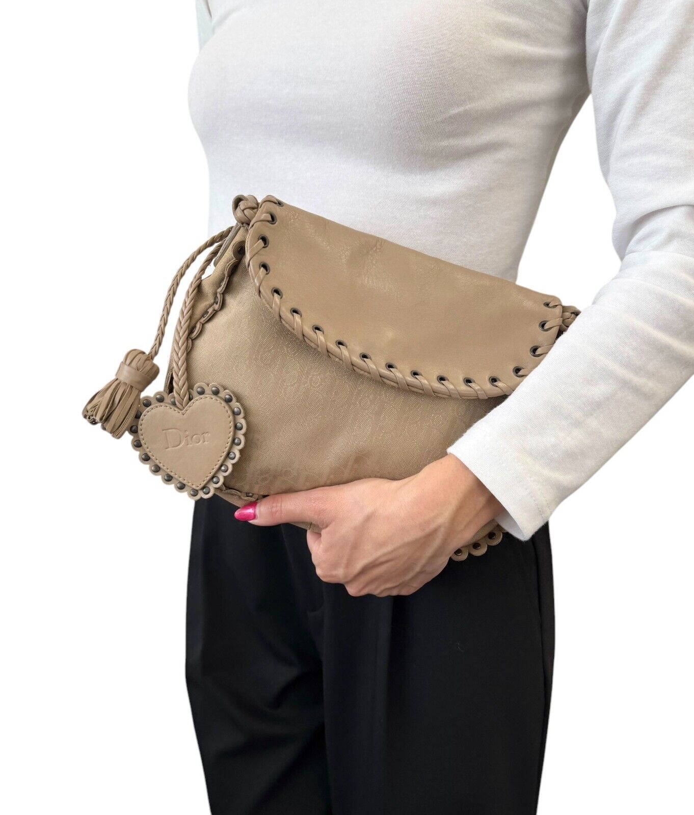 Christian Dior Vintage 2007 Trotter Monogram Crossbody Bag Charm Cream Leather