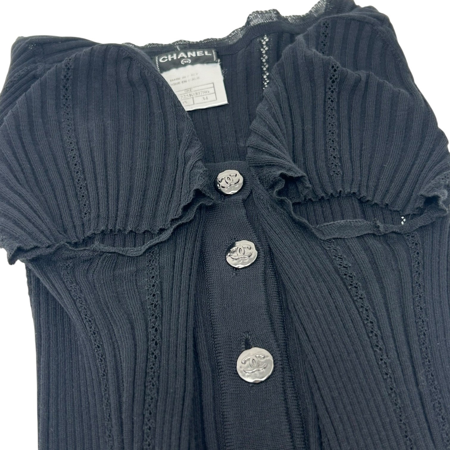 CHANEL Vintage 08P CC Logo Rib Knit Top #34 Black Cotton Silver Short Sleeve