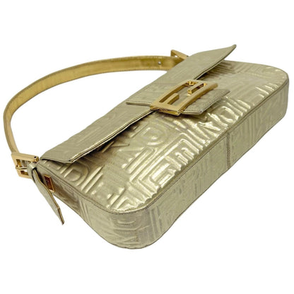 FENDI Vintage FF Logo Embossed Mamma Baguette Shoulder Bag Gold Nylon 902315