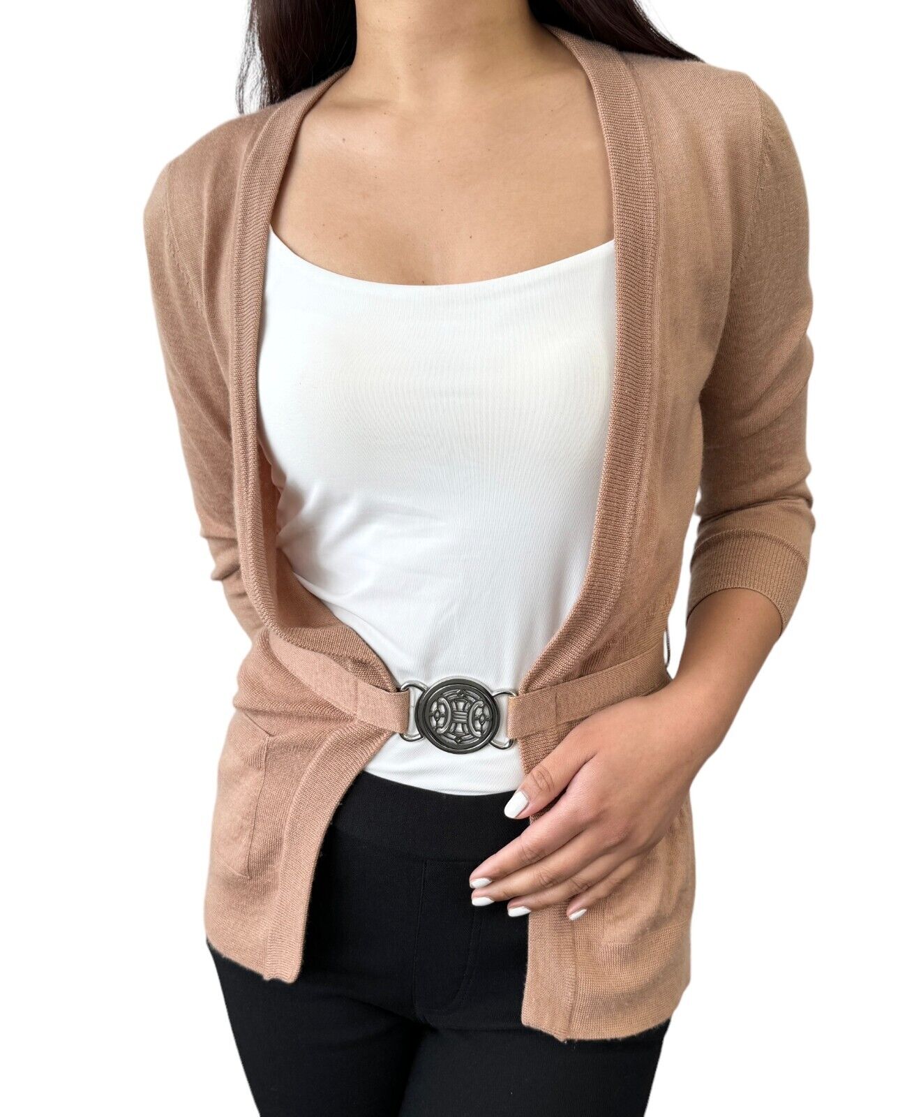 CELINE Vintage Macadam Logo Cardigan Sweater Top #S Knit Cashmere Brown RankAB