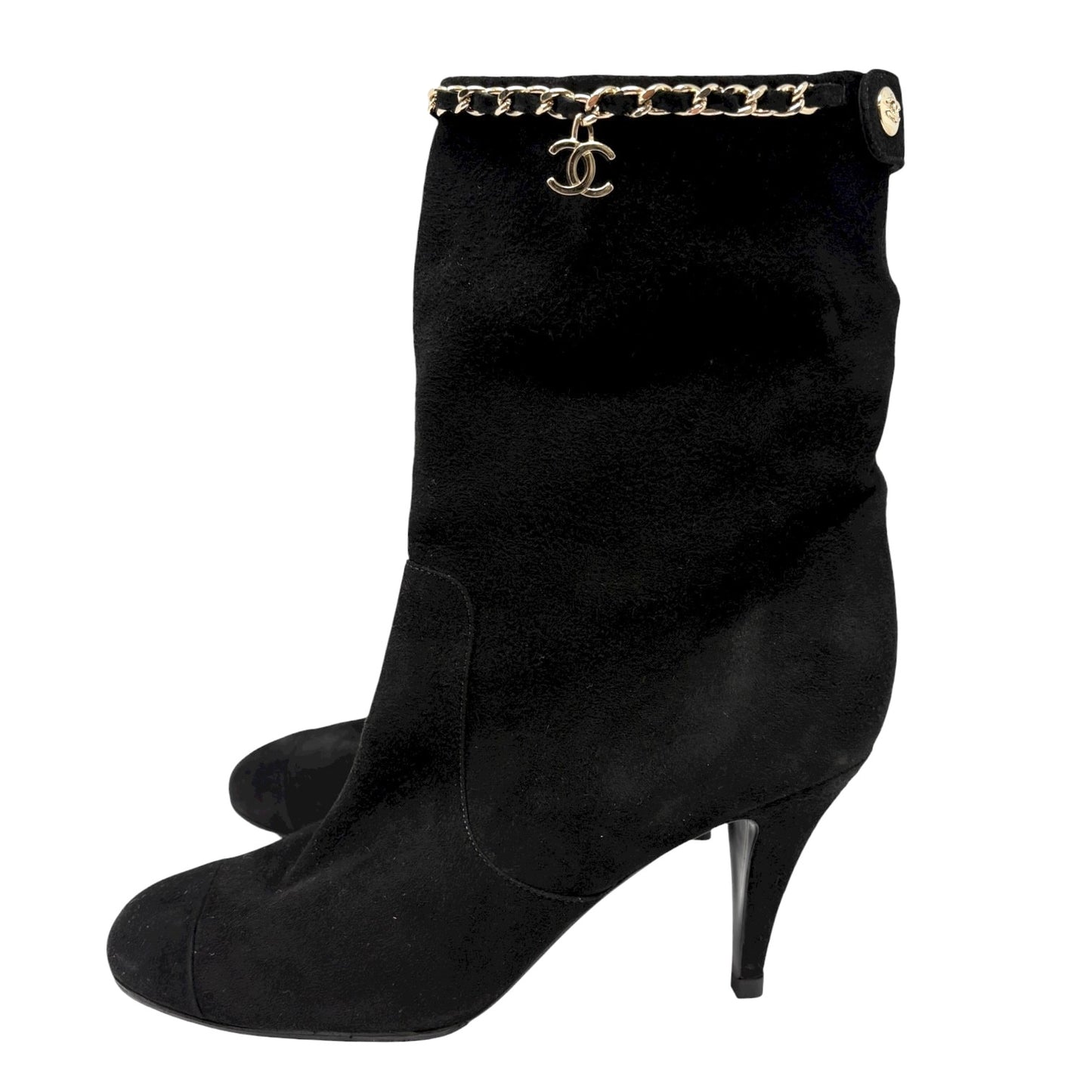 CHANEL Vintage CC Logo Charm Button Ankle Suede Boots Heels #39 Black Gold