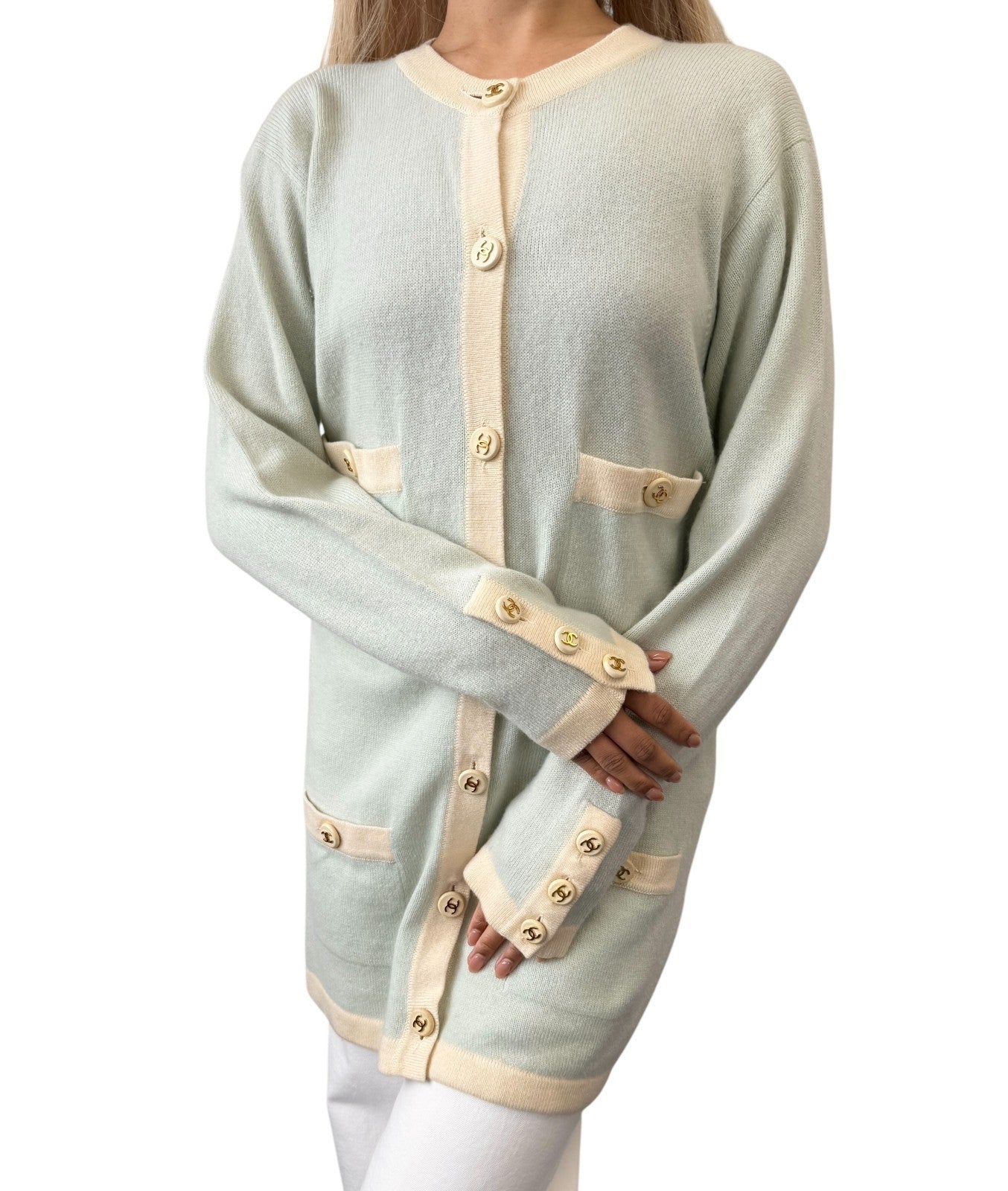 CHANEL Vintage 94C CC Button Trimmed Cashmere Cardigan Knit Top #40 Mint Green