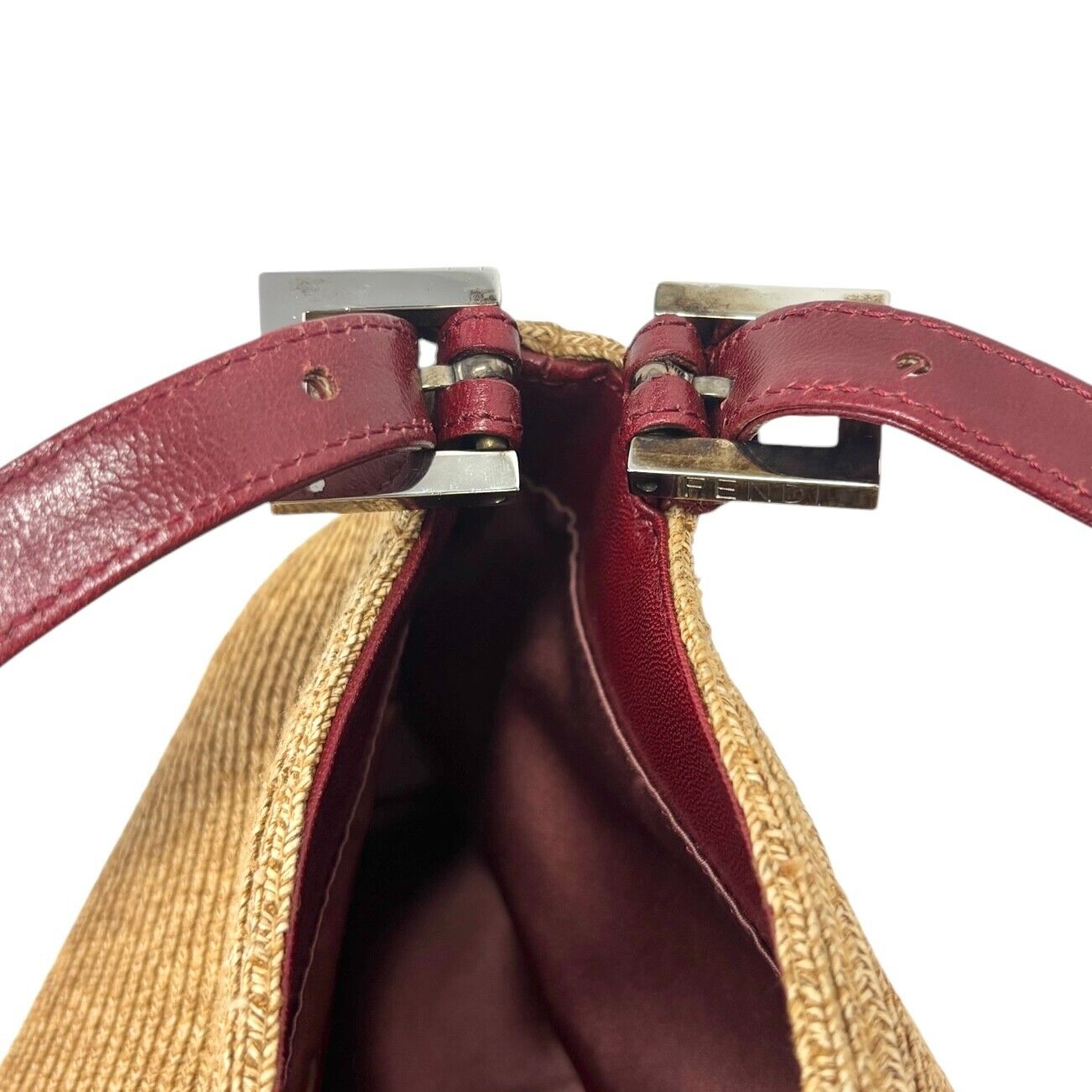 FENDI Vintage Logo Mamma Baguette Shoulder Bag Straw Raffia Red Leather