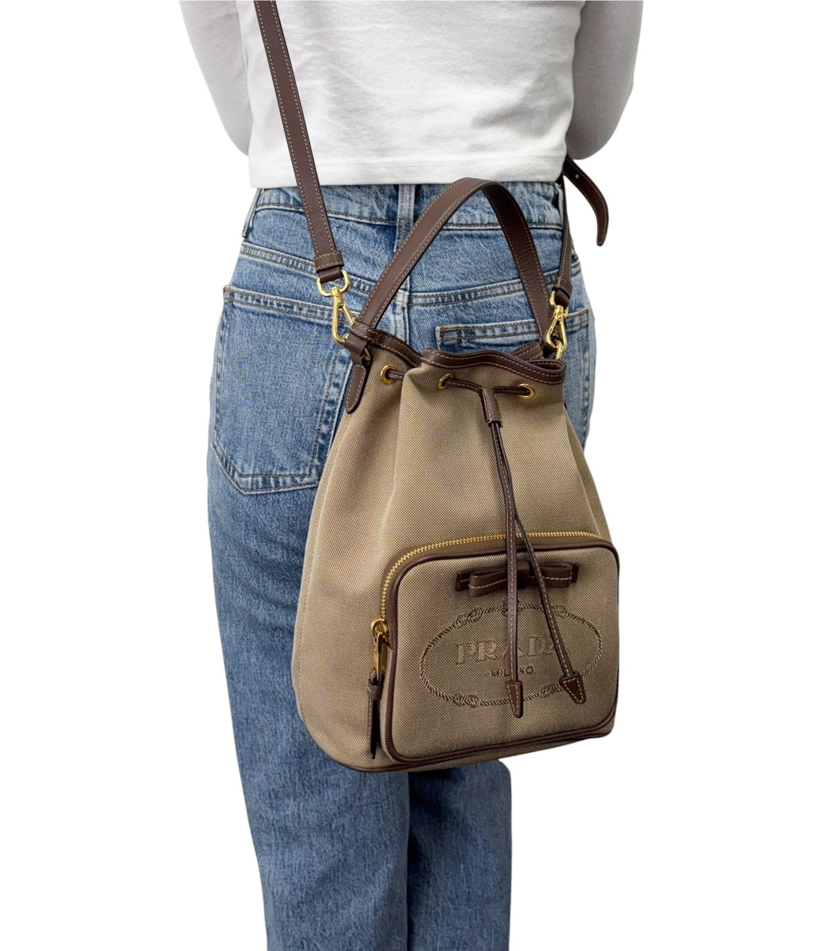 PRADA Vintage Jacquard Shoulder Top Handle Bag Beige Brown Canvas 902339