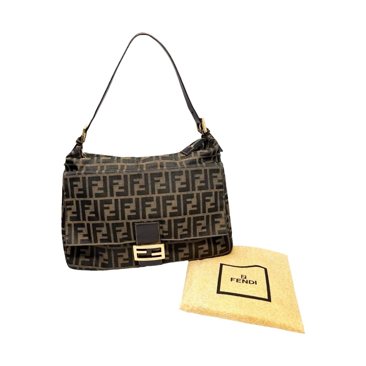 FENDI Vintage FF Zucca Mamma Baguette Pocket Shoulder Bag Brown Canvas 902439