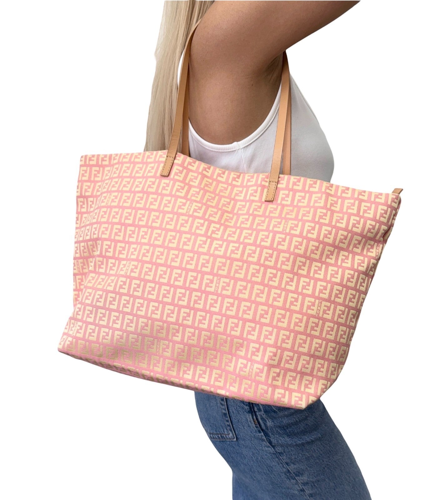FENDI Vintage FF Logo Zucchino Tote Bag Pink Yellow Canvas Leather 901894