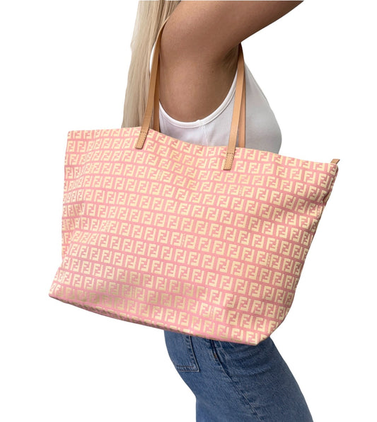 FENDI Vintage FF Logo Zucchino Tote Bag Pink Yellow Canvas Leather 901894