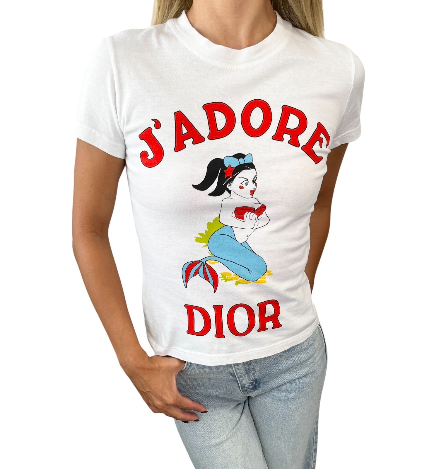 Christian Dior Vintage 2002 J'ADORE Cartoon Mermaid T-shirt Top #38 White Red