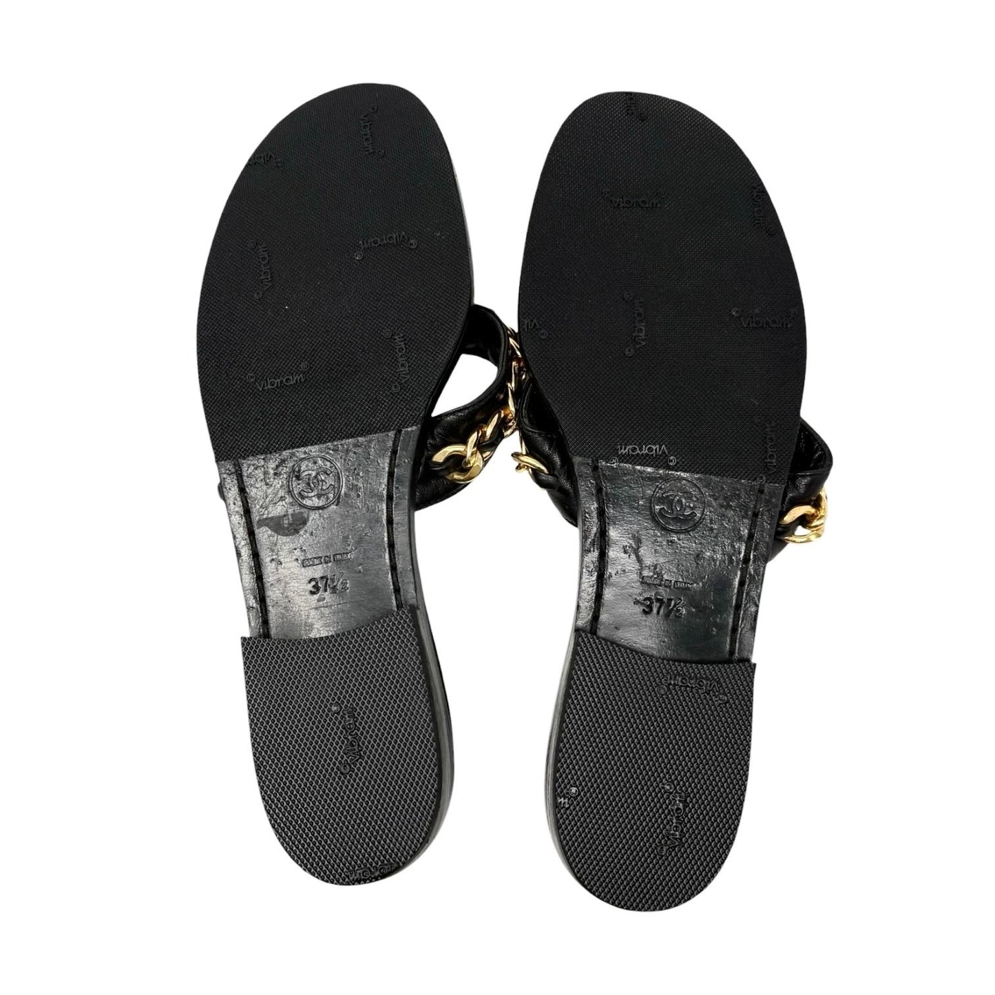 CHANEL Vintage Turnlock CC Logo Chain Sandals #37-37.5 Black Gold Leather 901814