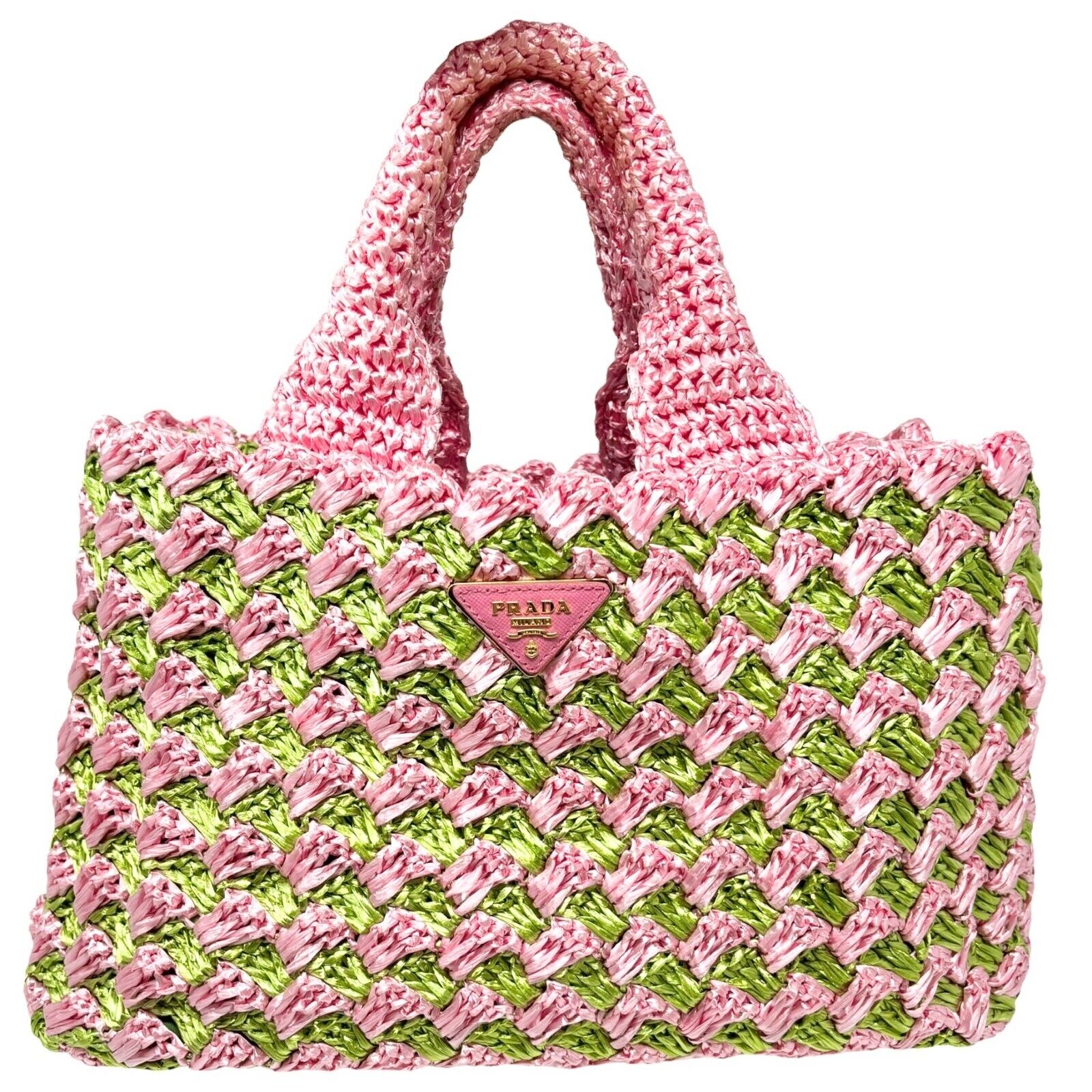 PRADA Vintage Logo Raffia Mini Tote Bag Pink Green Polyethylene Snap Button