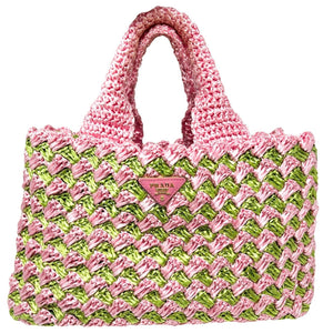 PRADA Vintage Logo Raffia Mini Tote Bag Pink Green Polyethylene Snap Button