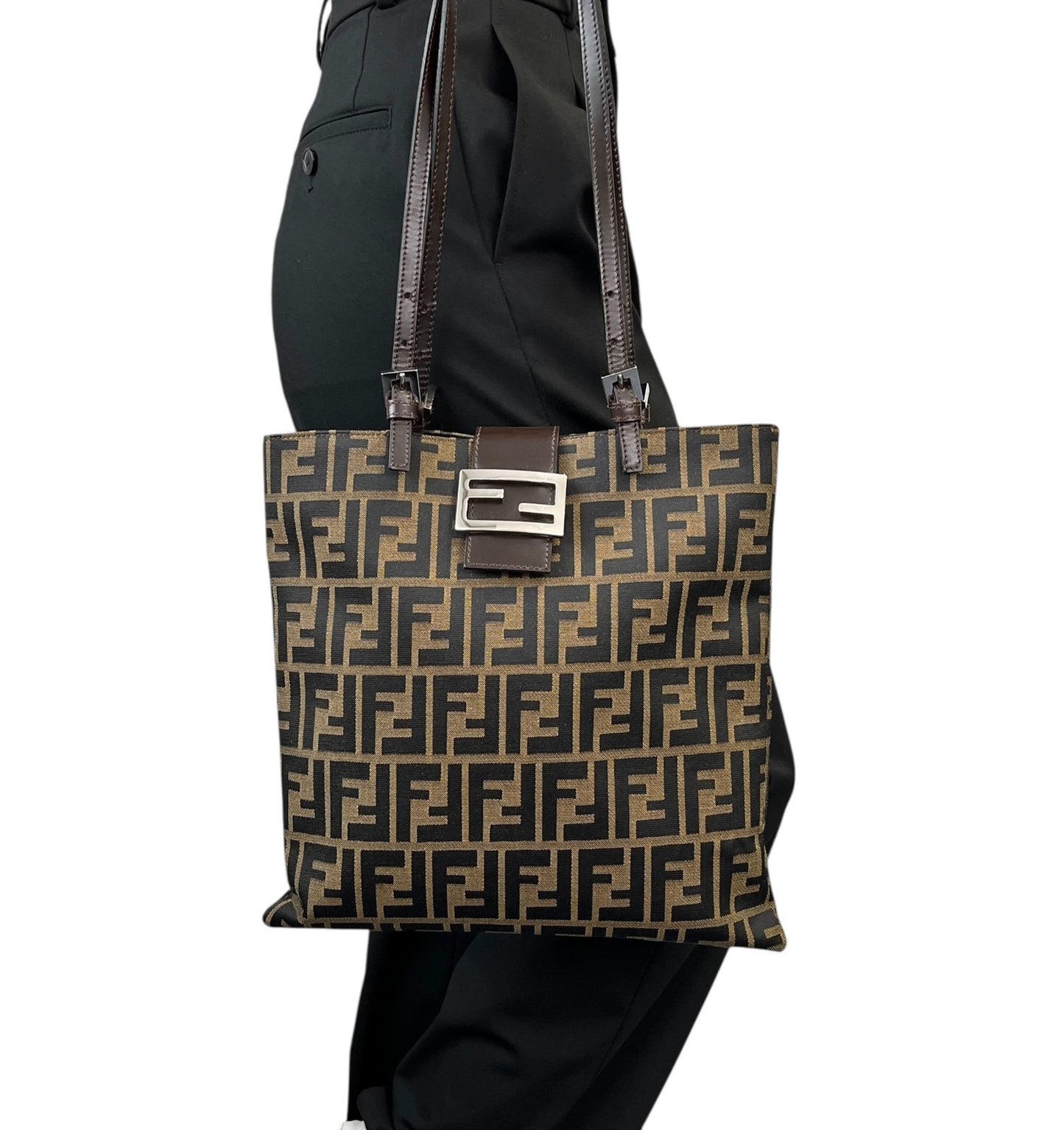 FENDI Vintage Zucca Logo Monogram Canvas Tote Shoulder Bag Leather Brown Silver