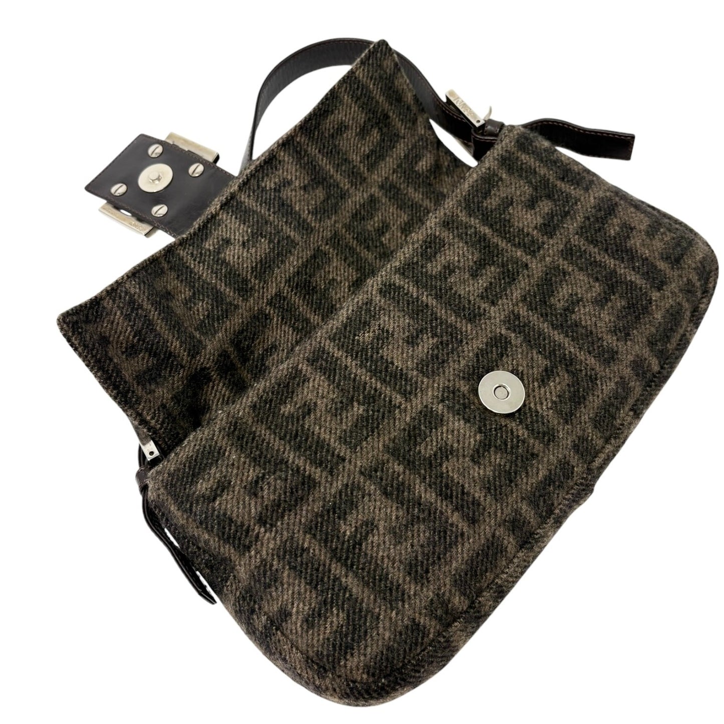 FENDI Vintage FF Logo Mamma Baguette Shoulder Bag Brown Silver Wool Knit 902212